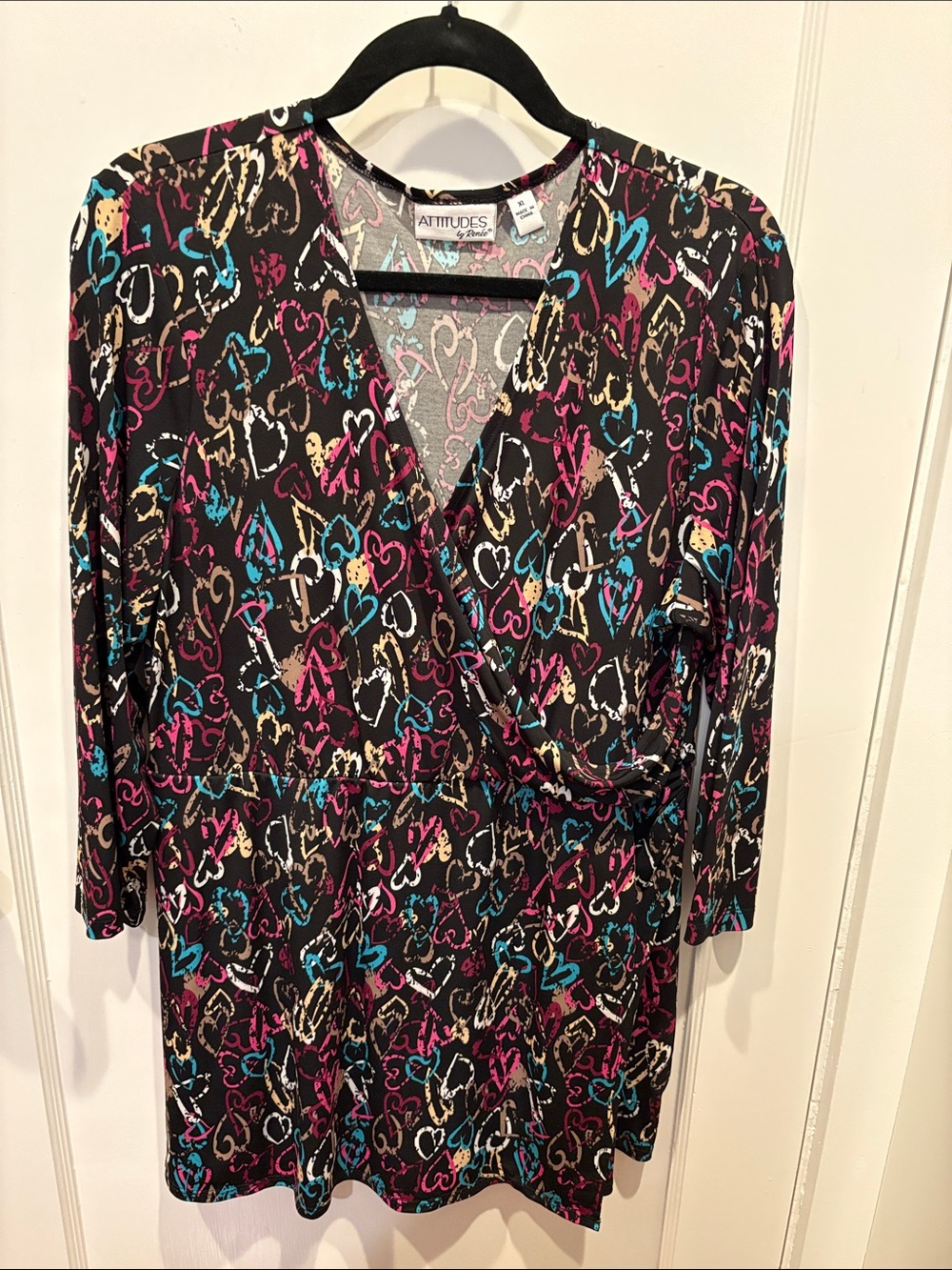 Attitudes by Renee Black Multicolor Heart Print Wrap Mini Dress Tunic BN512